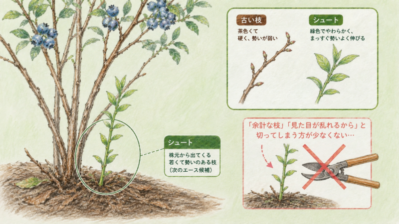 ブルーベリーの根元から生えるシュートを切ってしまう
