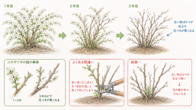 古い枝を切らずに残し続けてしまうと株全体がどんどん老朽化していく